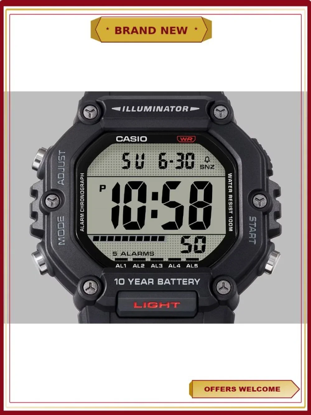 Mens Digital Wristwatch Large LCD 10-Yr Battery 100M Water Resistant Stopwatch